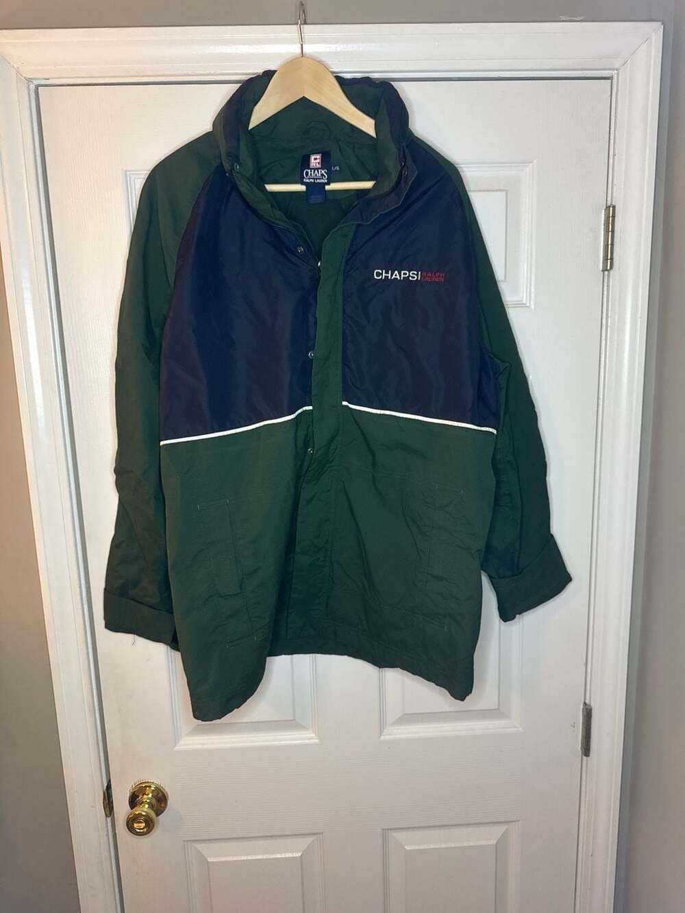 VTG Chaps Ralph Lauren Color Block Hooded Windbreaker Jacket Green Navy Large